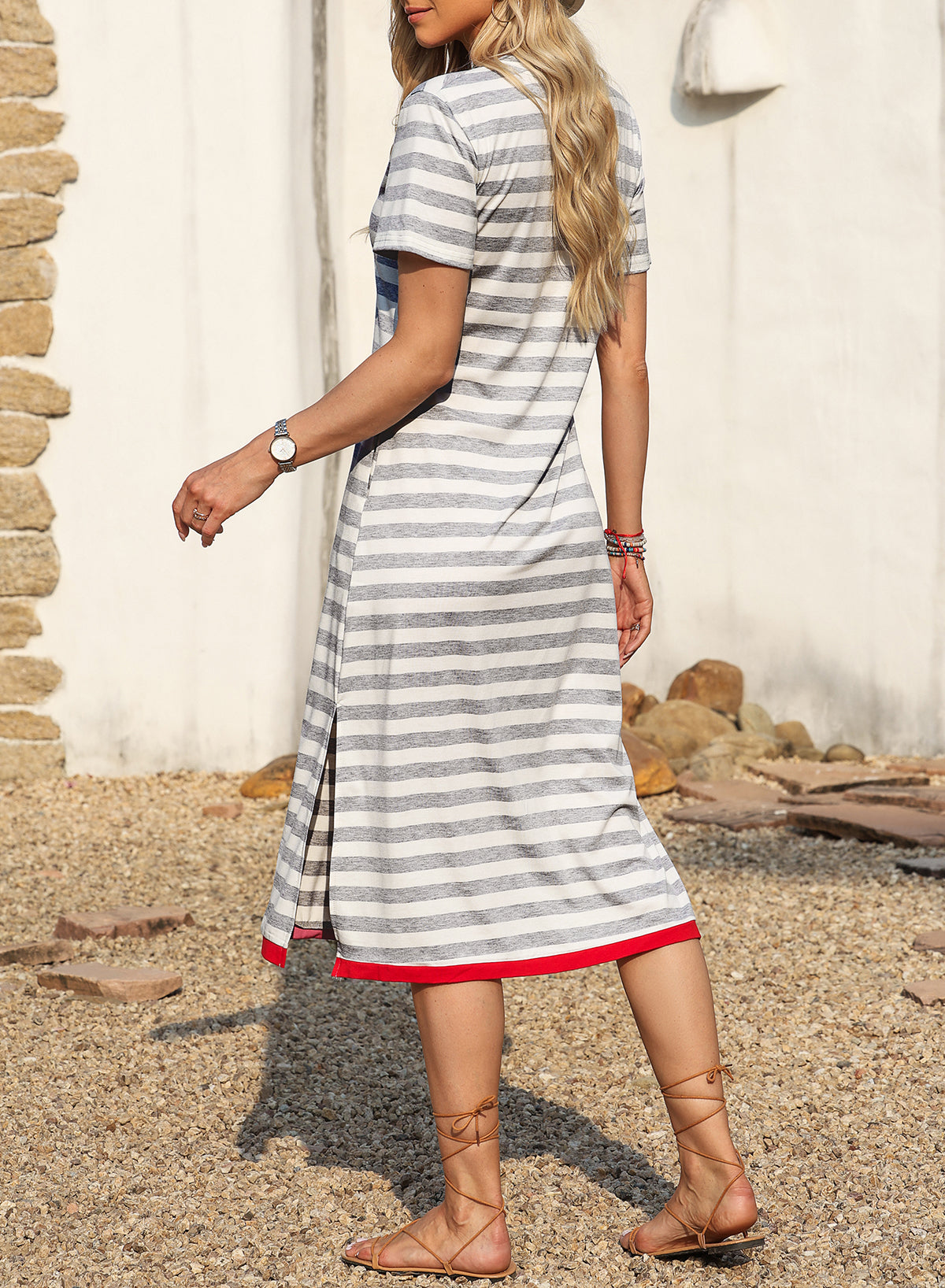 Olivia Mark  Stripe Print V Neck Maxi Dress with Side Splits