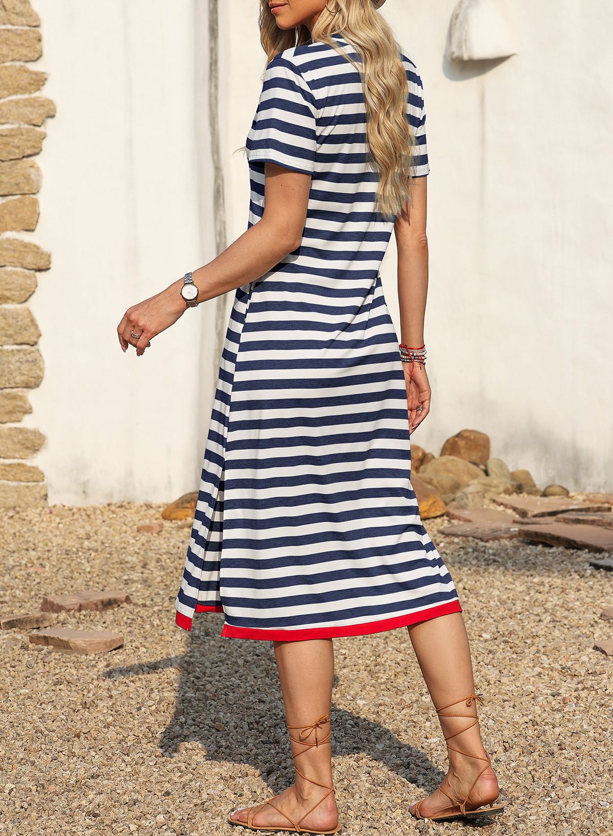 Olivia Mark  Stripe Print V Neck Maxi Dress with Side Splits