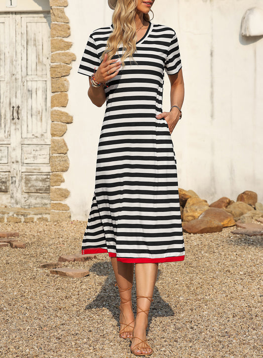 Olivia Mark  Stripe Print V Neck Maxi Dress with Side Splits