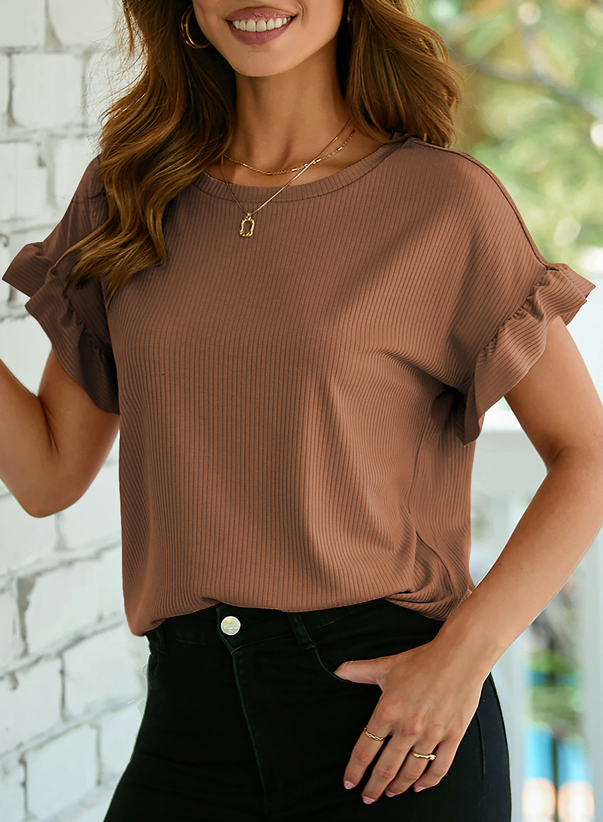 Solid Color Round Neck Ruffle Loose Short Sleeve T Shirt