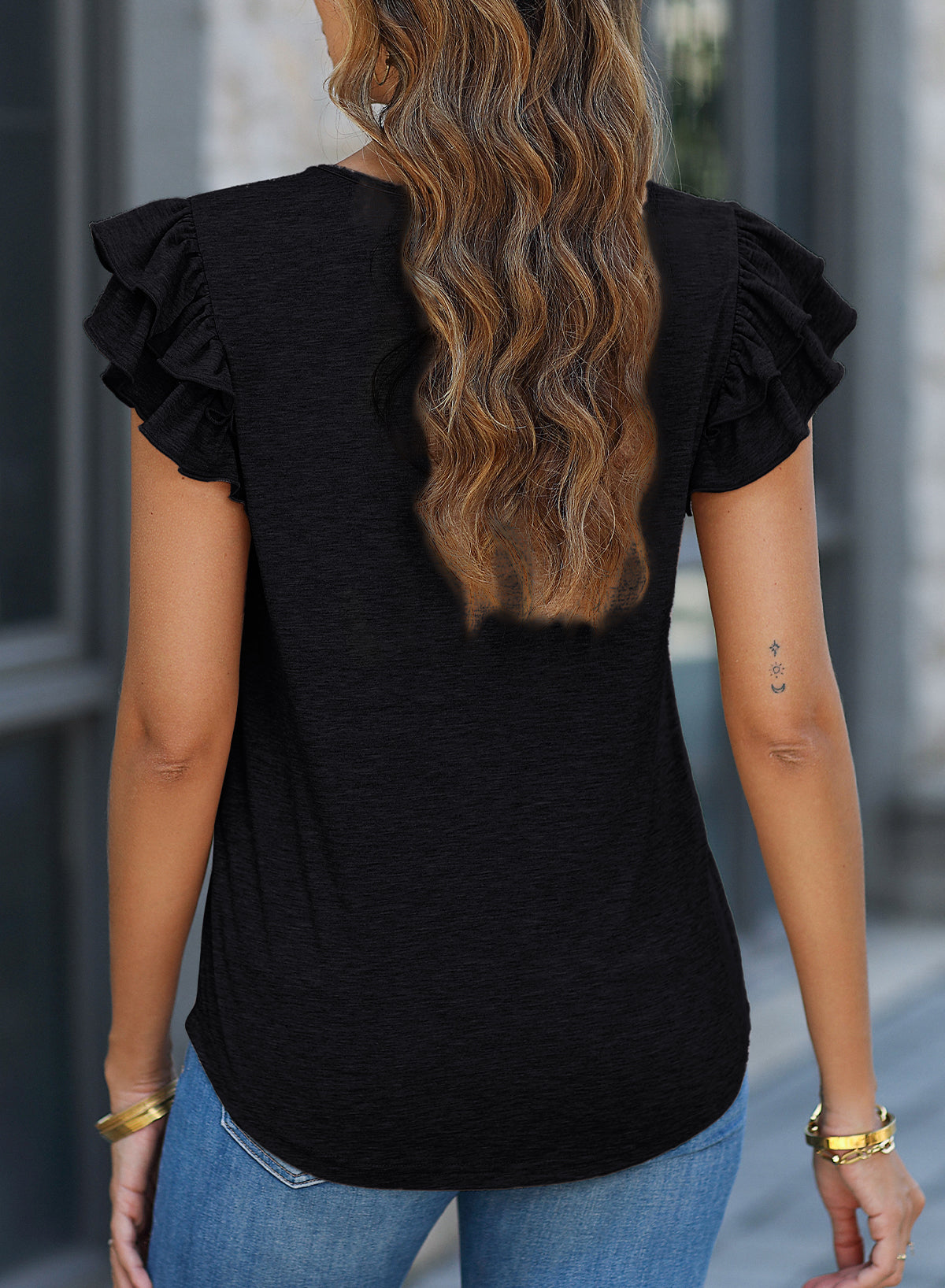 Ruffled Sleeve Shirred Detail V Neck T-shirt