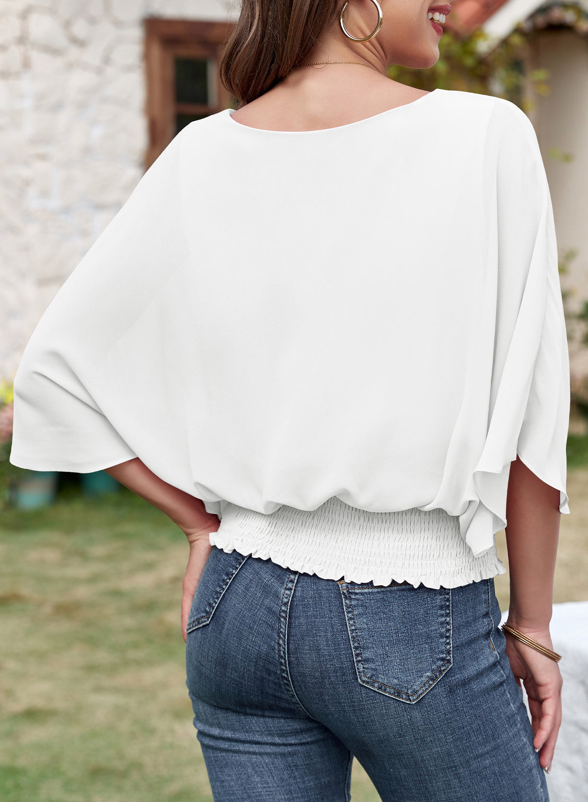 Solid Color Round Neck Ruffle Half Sleeve Chiffon Pullover Shirt