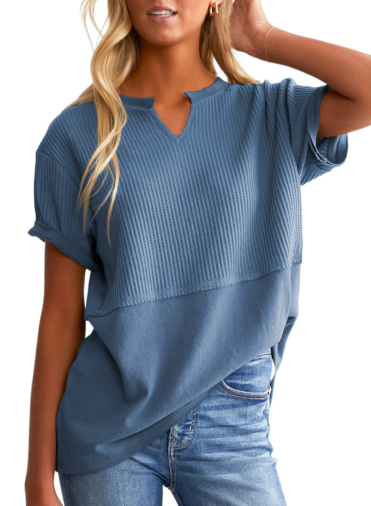 Women's V Neck Waffle Knit Top Short Sleeve T Shirt Loose Top