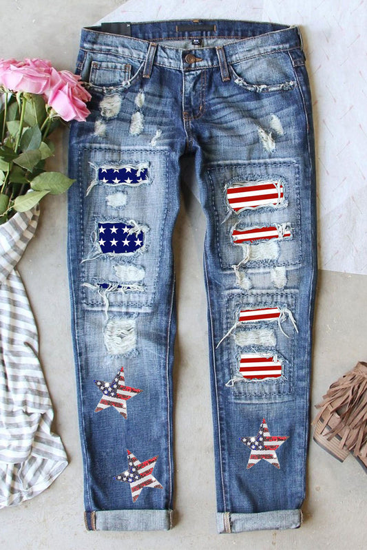 Sequin American Flag Star Graphic Distressed Straight Jeans