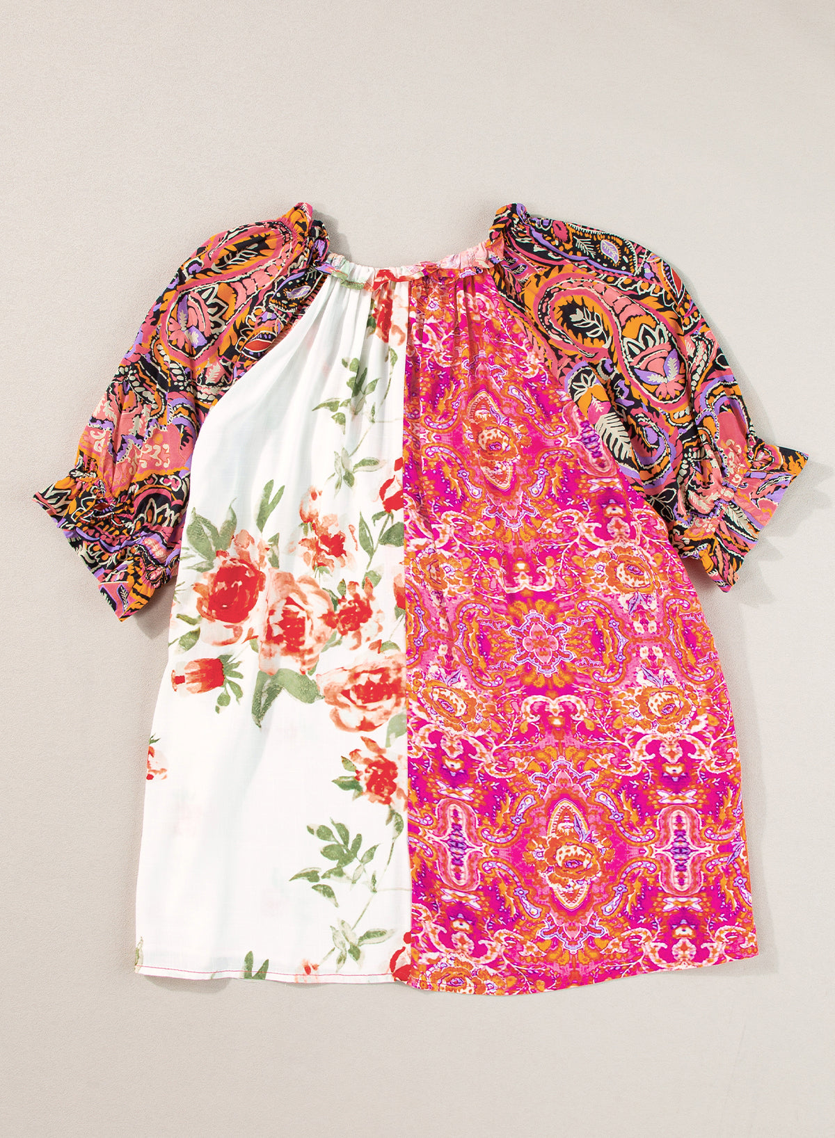 Multicolour Boho Floral Patchwork Buttoned Short Sleeve Blouse