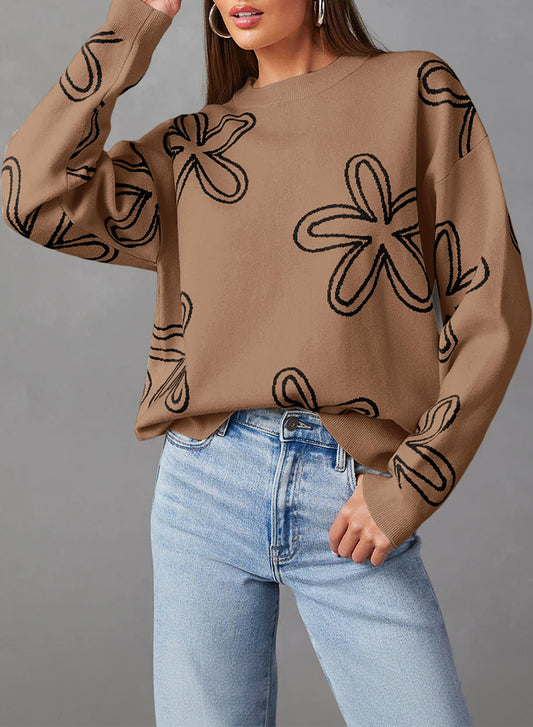 Flower Shape Ribbed Edge Drop Shoulder Sweater