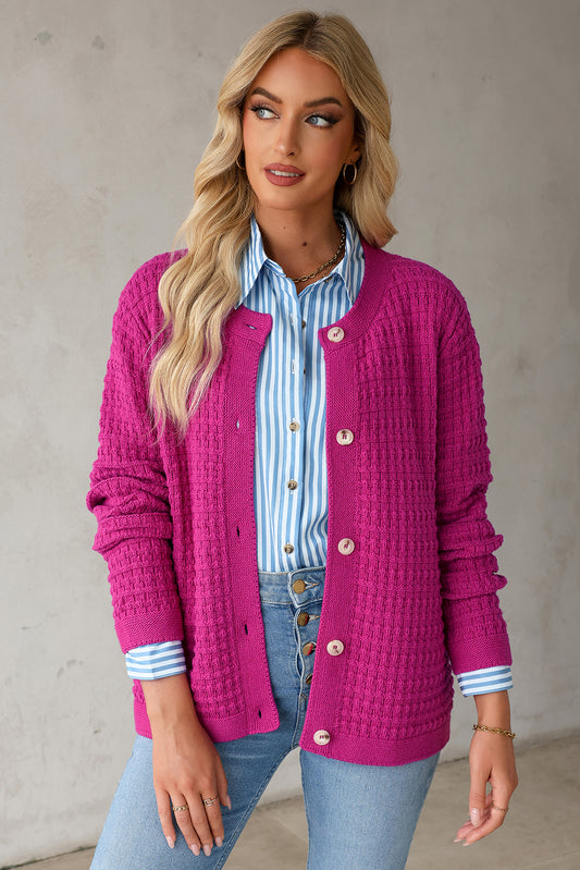 Solid Textured Knitted Buttoned Cardigan