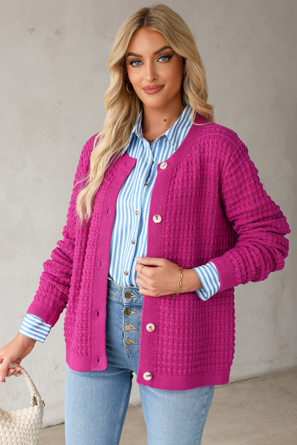 Solid Textured Knitted Buttoned Cardigan