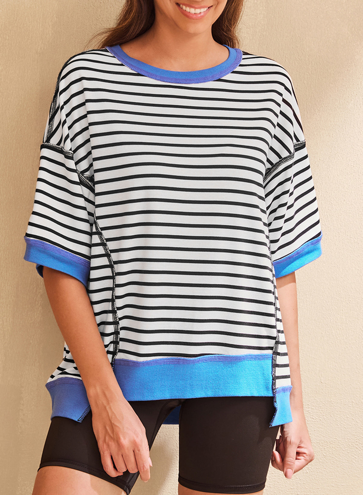 Striped Colorblocking Round Neck Short Sleeve Top Loose Shirt