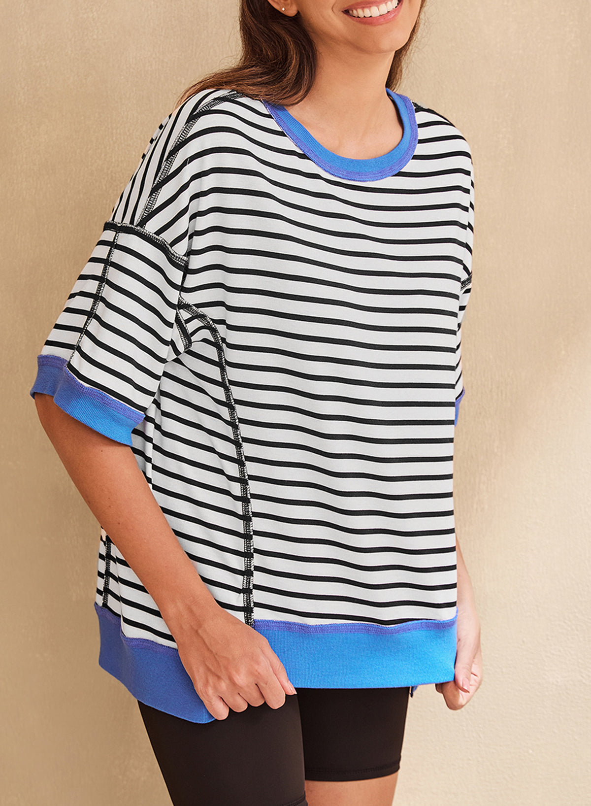 Striped Colorblocking Round Neck Short Sleeve Top Loose Shirt