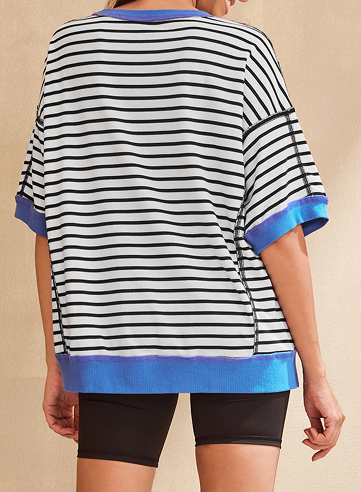 Striped Colorblocking Round Neck Short Sleeve Top Loose Shirt