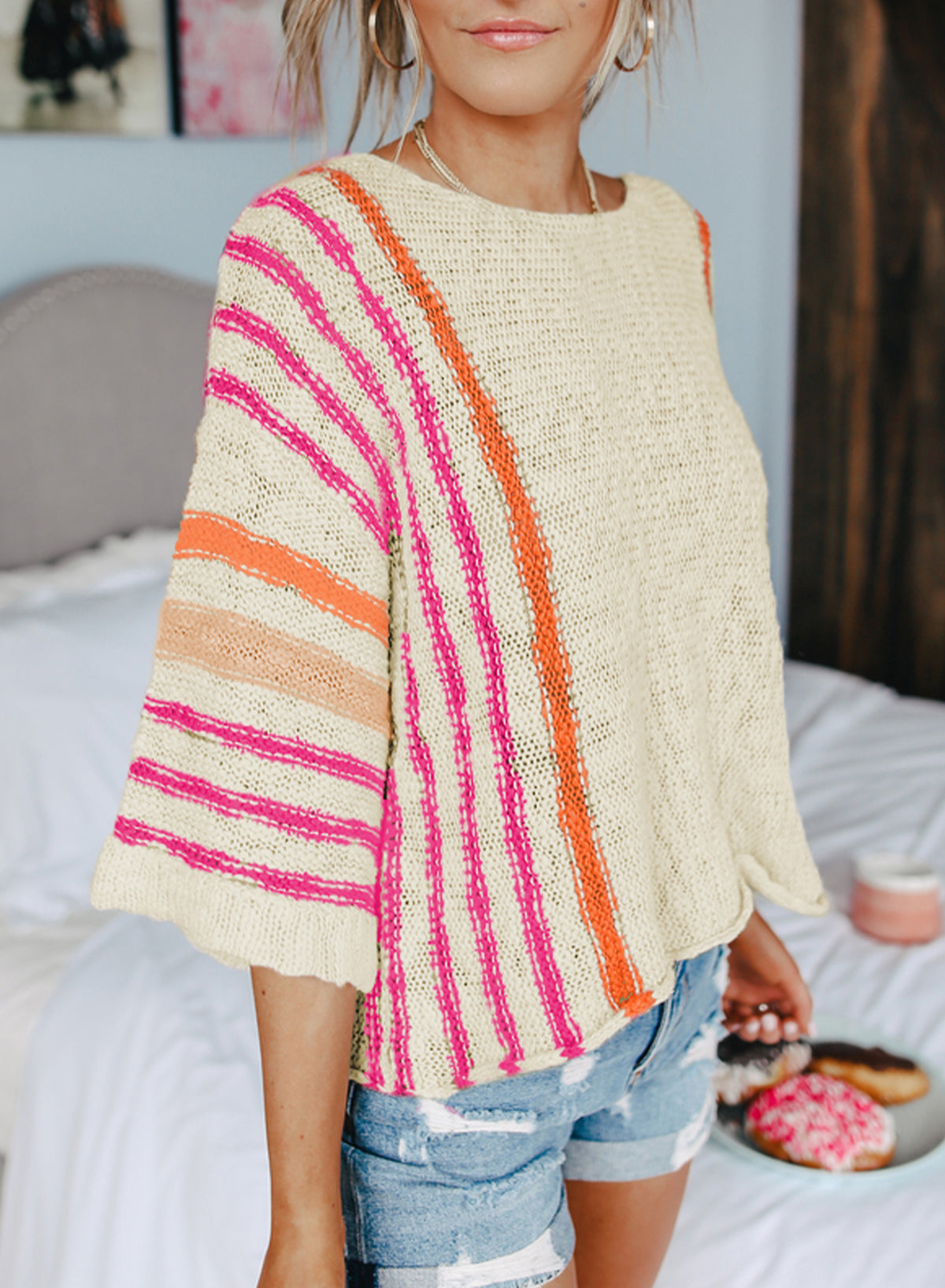 White Striped Detail Wide Sleeve Lightweight Knitted Sweater