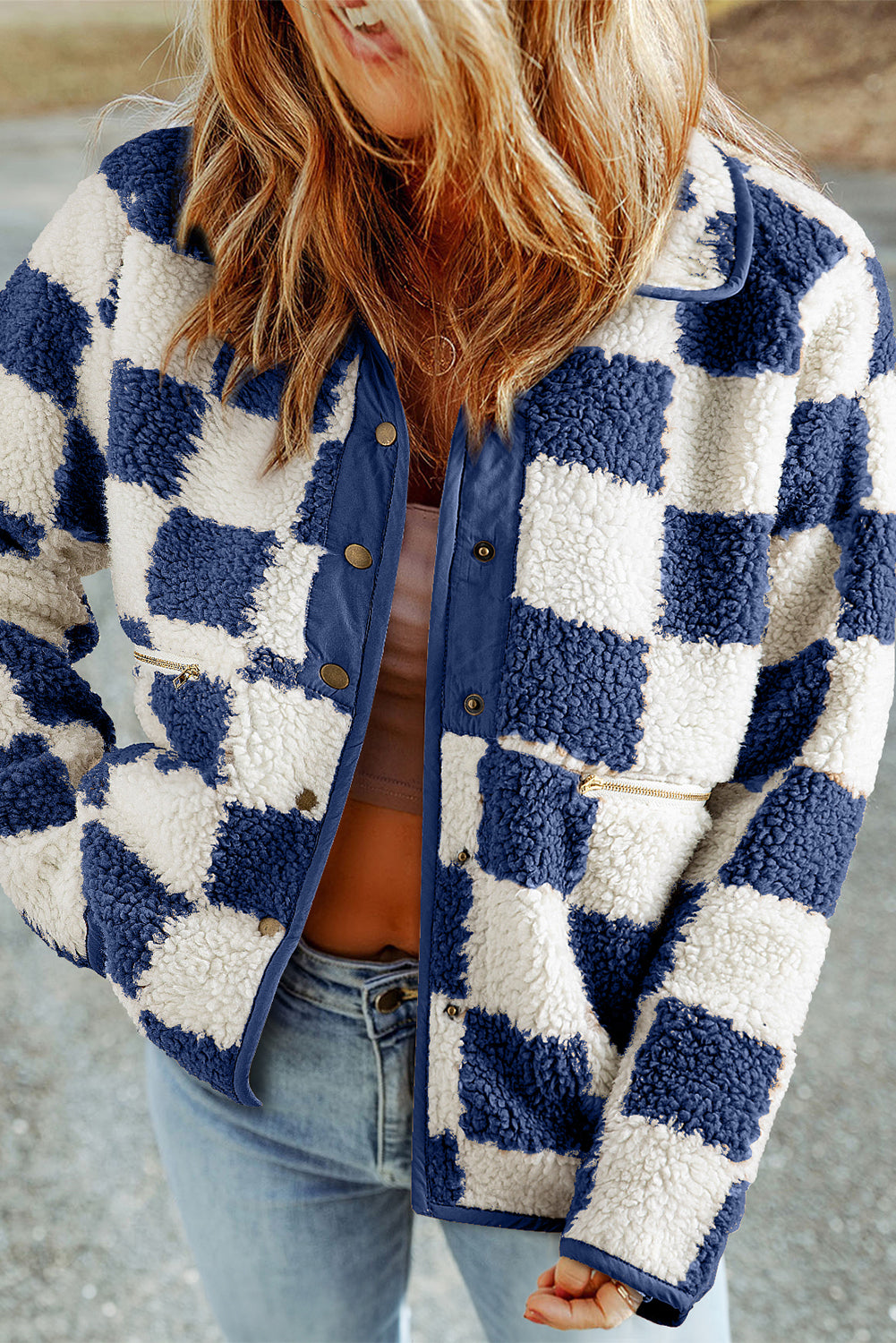 Ashleigh Blue Checked Snap Button Sherpa Jacket