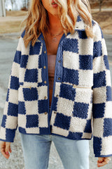 Ashleigh Blue Checked Snap Button Sherpa Jacket