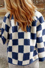 Ashleigh Blue Checked Snap Button Sherpa Jacket