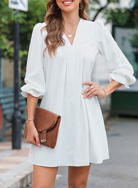 Ruched V-Neck Flounce Sleeve Dress