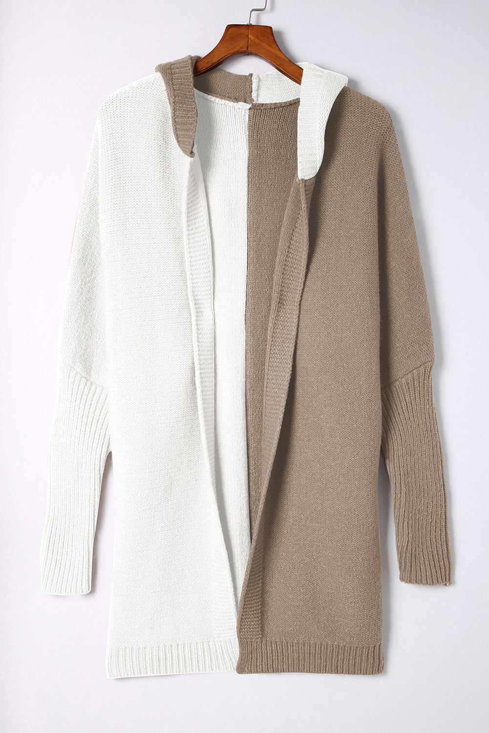 Khaki Patchwork Long Sleeve Hooded Collar Cardigan Sweater