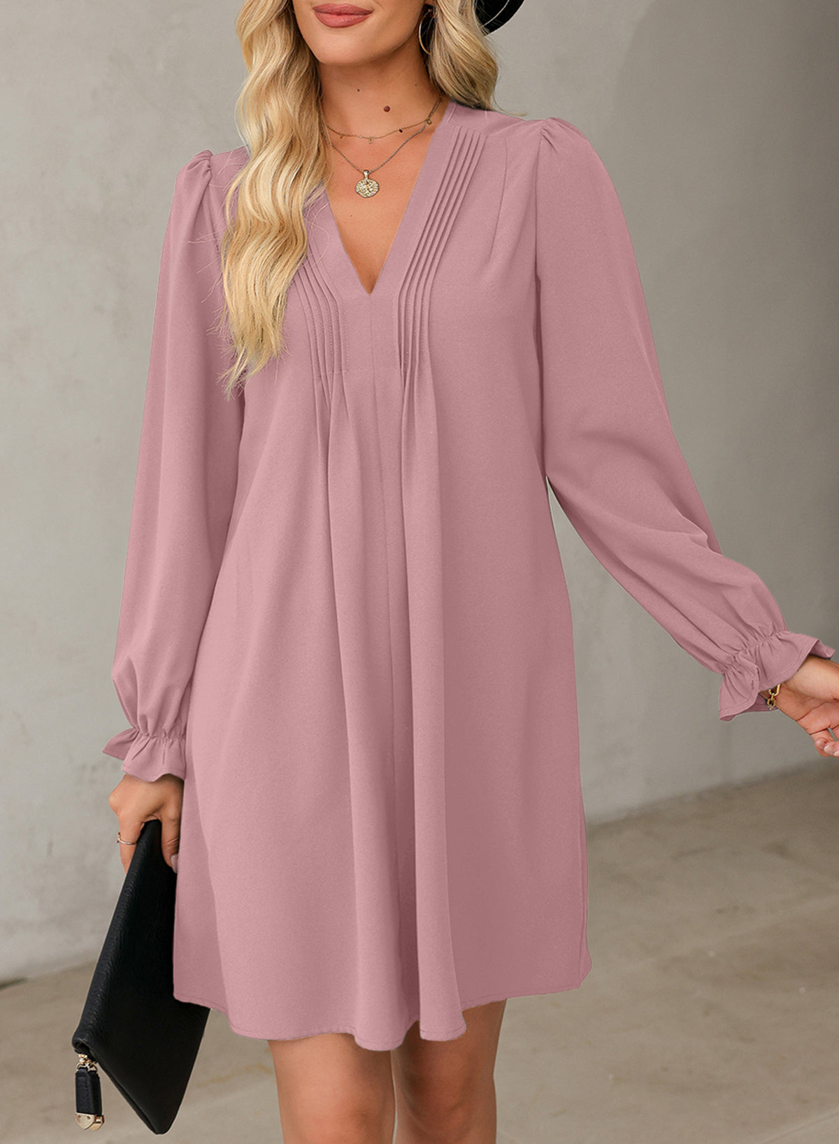 Ruched V-Neck Flounce Sleeve Dress