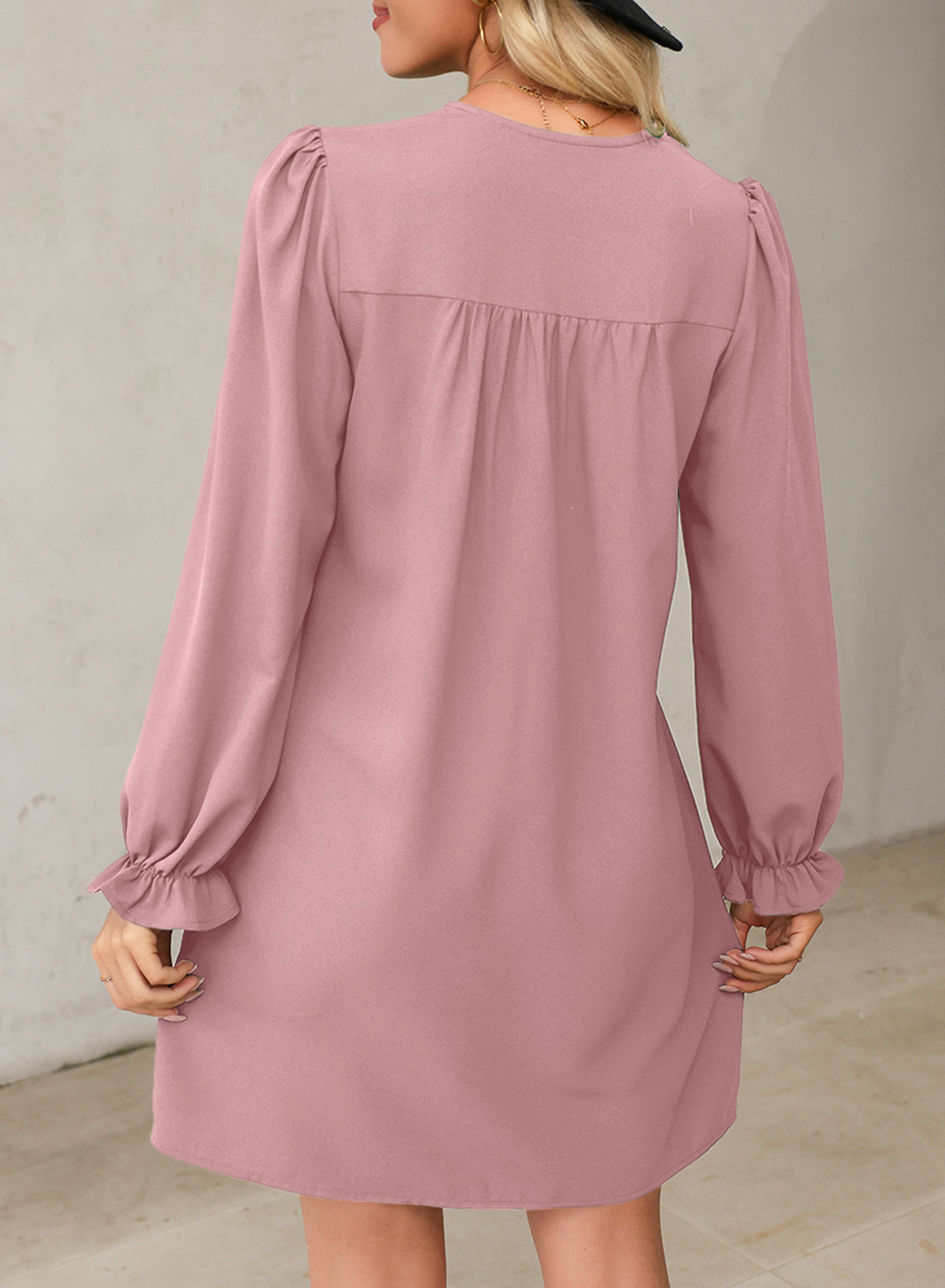 Ruched V-Neck Flounce Sleeve Dress