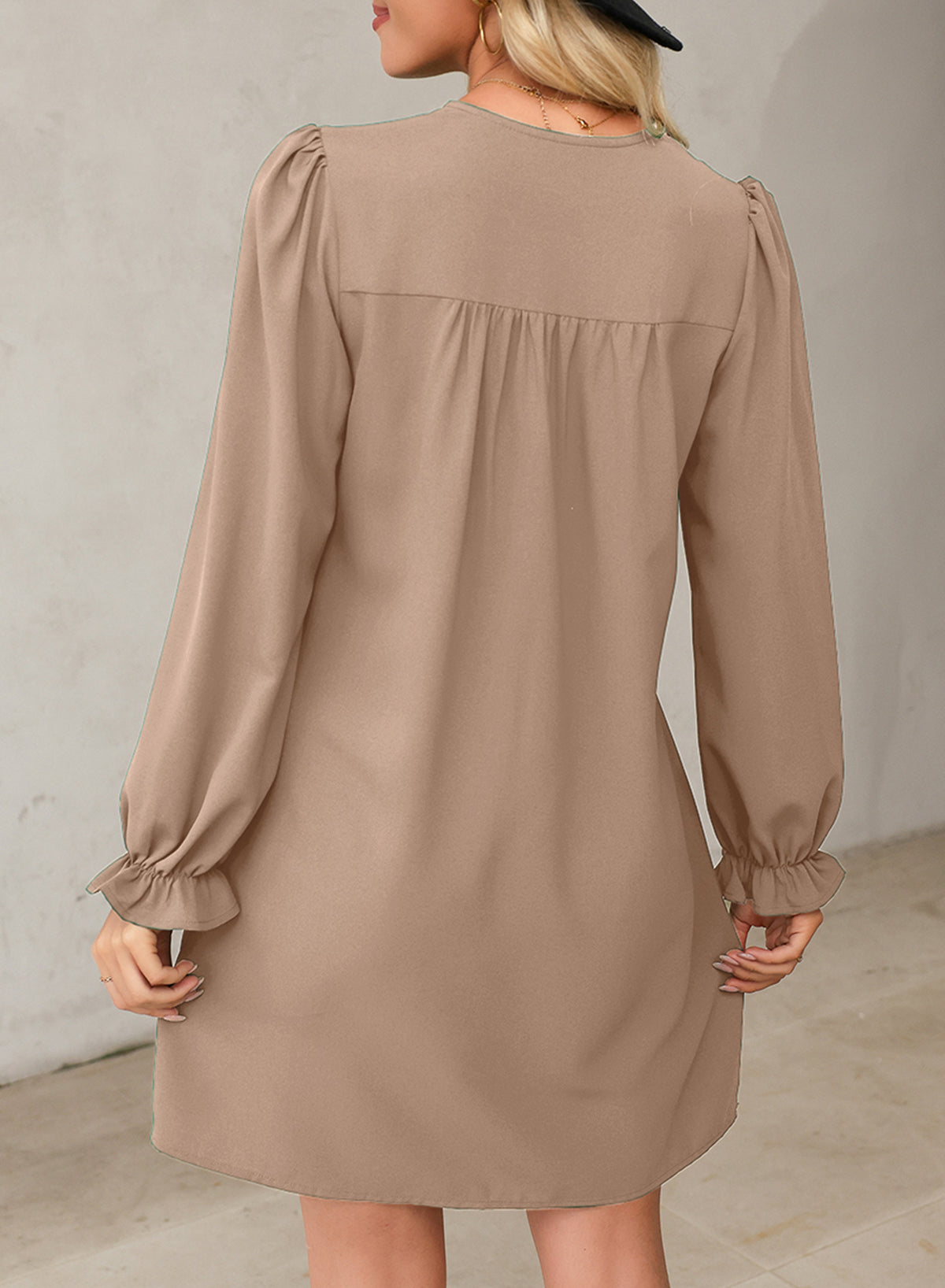 Ruched V-Neck Flounce Sleeve Dress