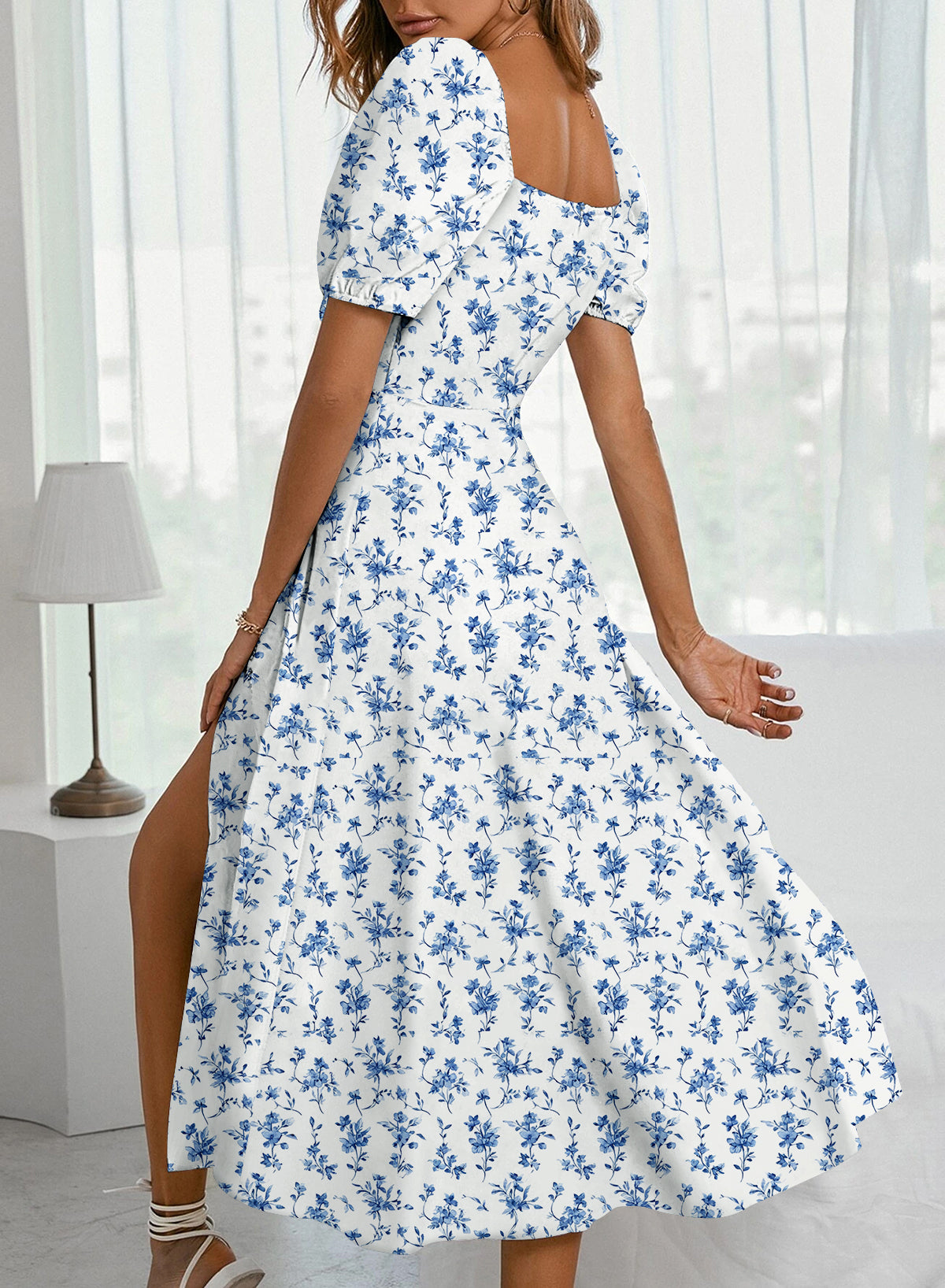 High Waisted Floral Printed Fitted Split Short Sleeve Dress