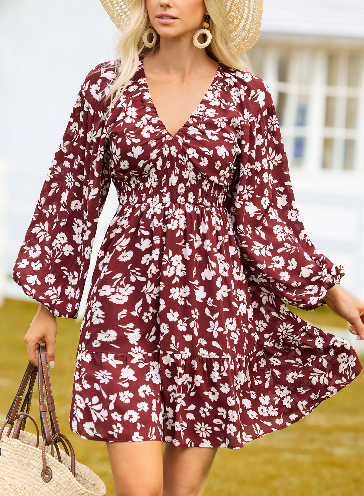 V Neck Floral Print High Waist Elegant Short Long Sleeve Dress