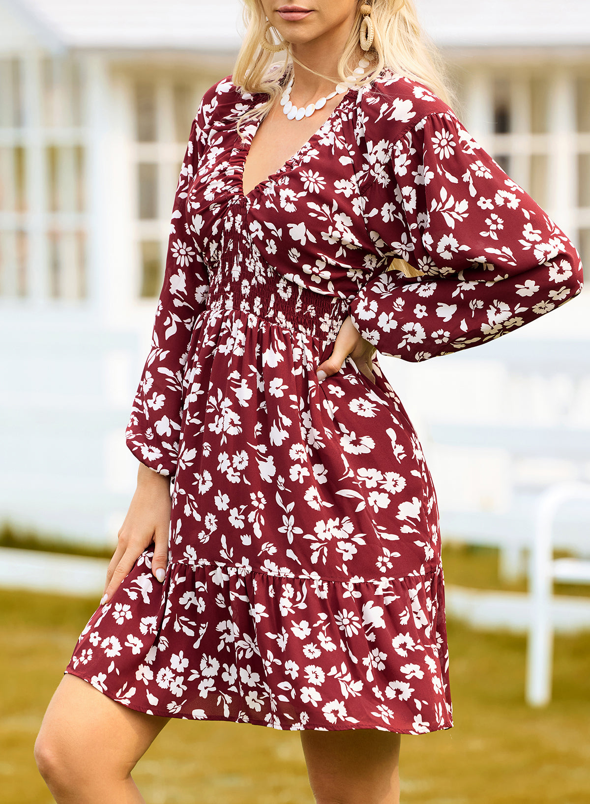 V Neck Floral Print High Waist Elegant Short Long Sleeve Dress