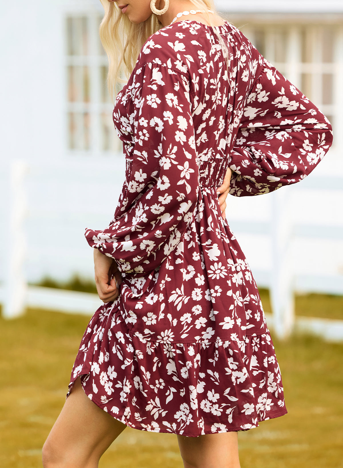 V Neck Floral Print High Waist Elegant Short Long Sleeve Dress