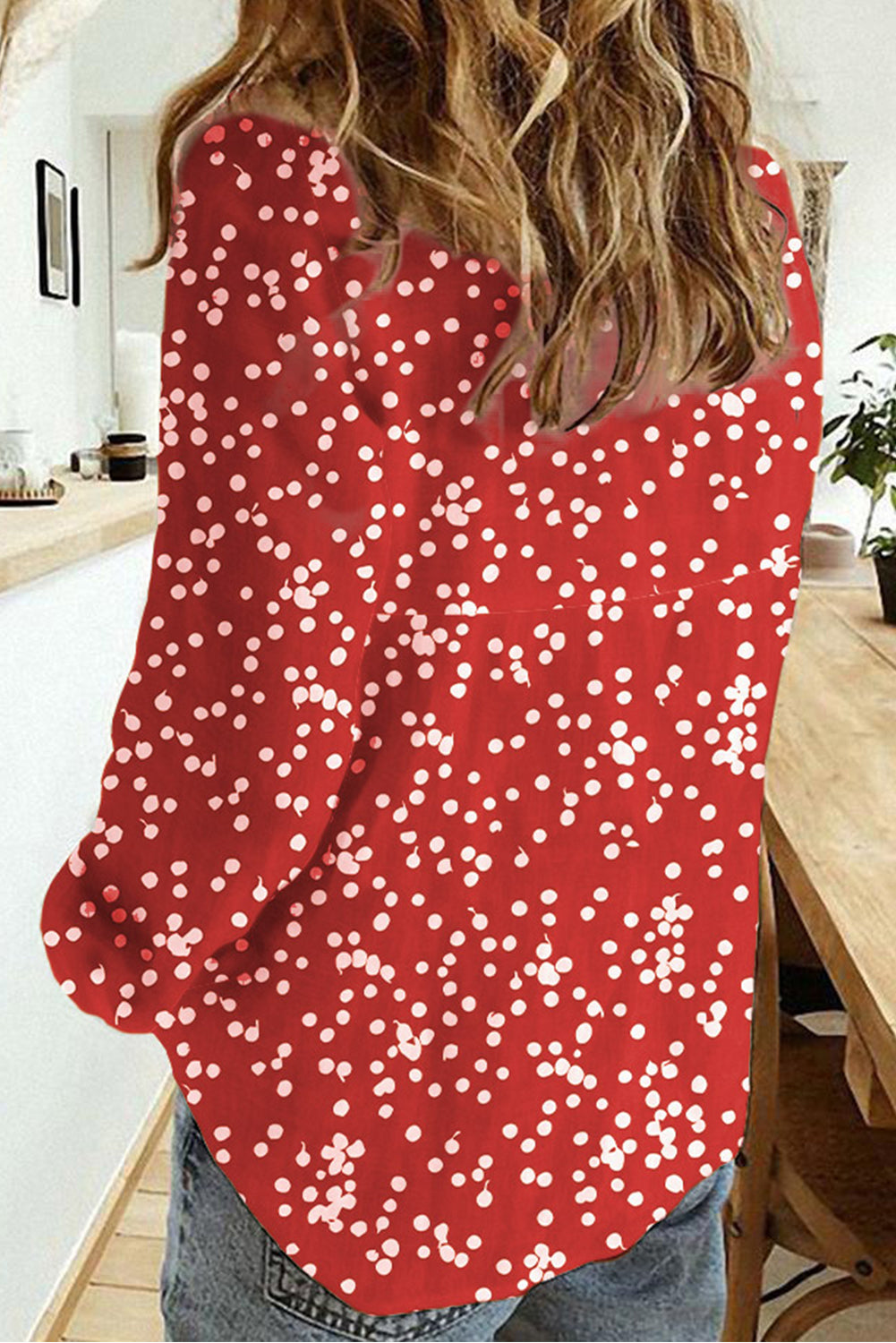 Solid Color Dot Shirt Neck Long Sleeve Casual Loose Shirt