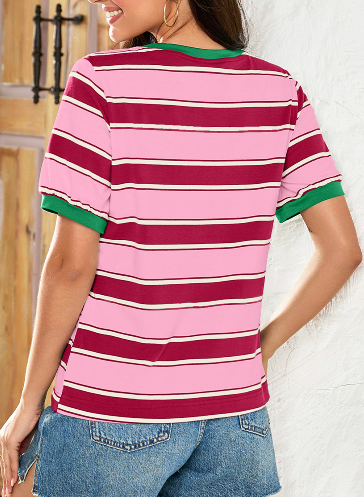 Striped Color Block Short Sleeve Pin Neck T-Shirt