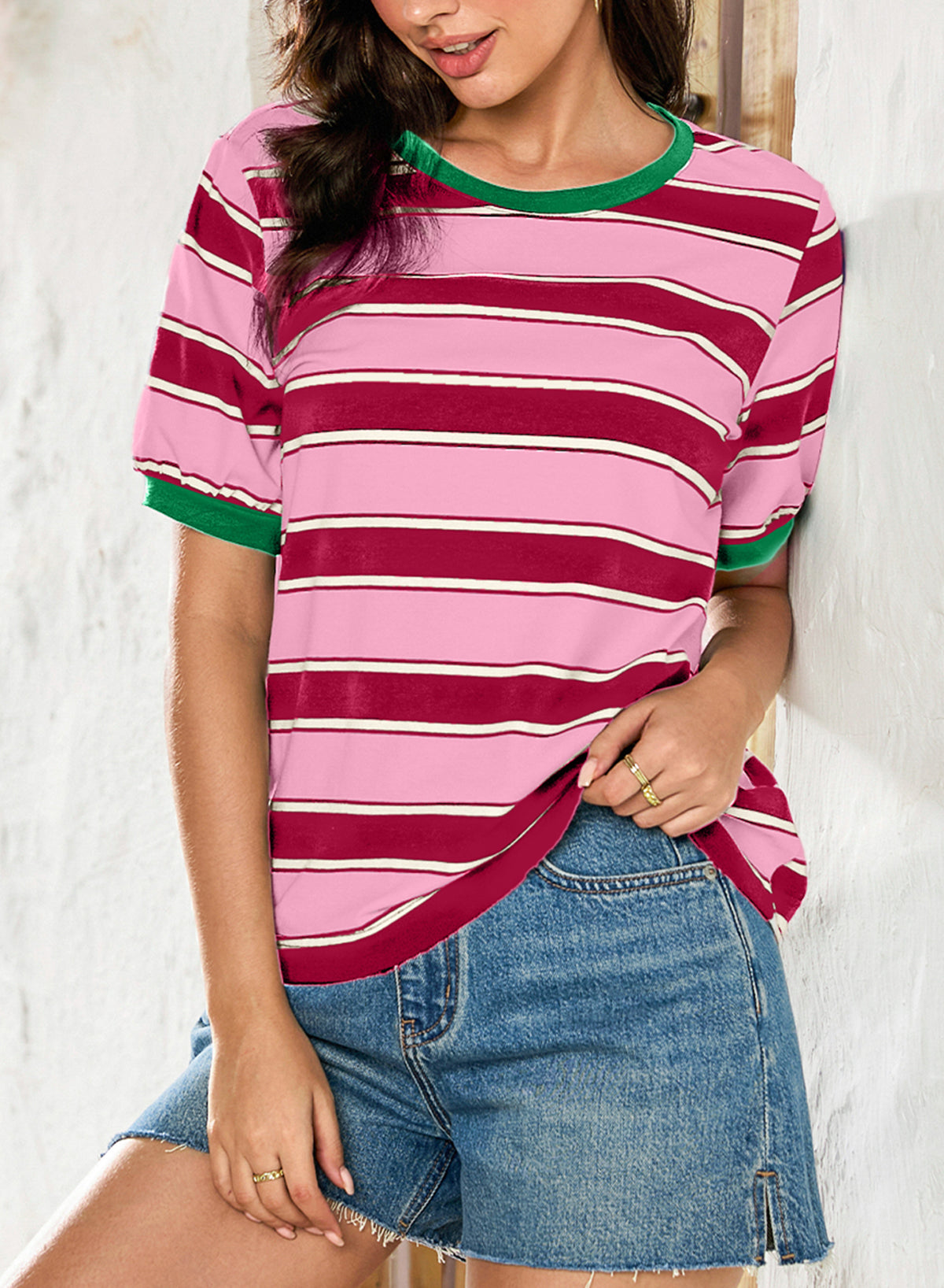 Striped Color Block Short Sleeve Pin Neck T-Shirt