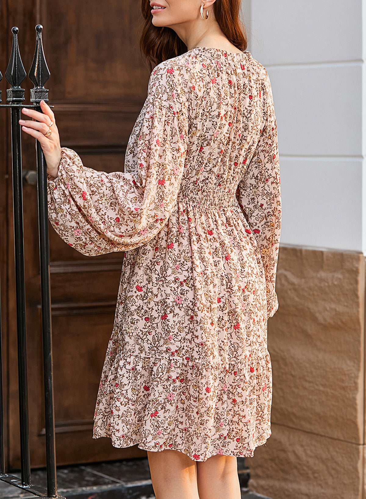 V Neck Floral Print High Waist Elegant Short Long Sleeve Dress