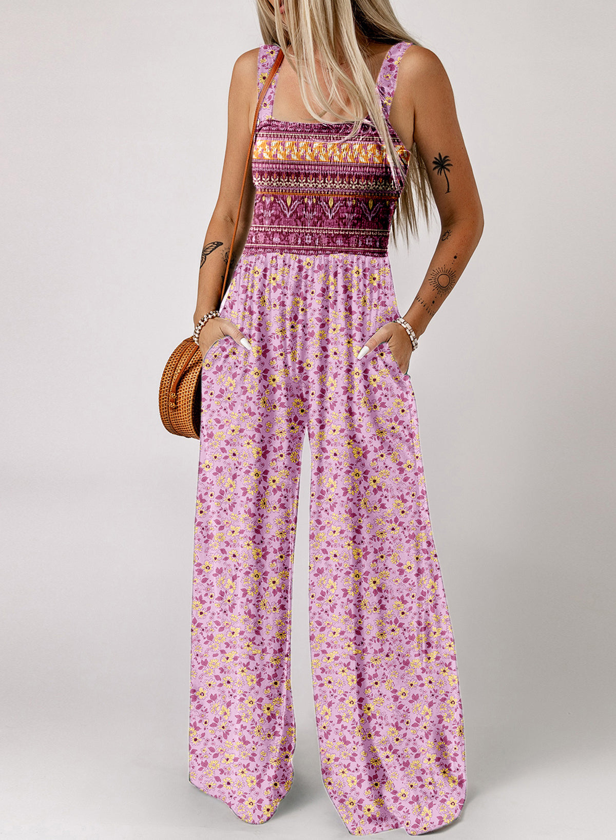 Square Neckline Stretch Waistband Printed Jumpsuit