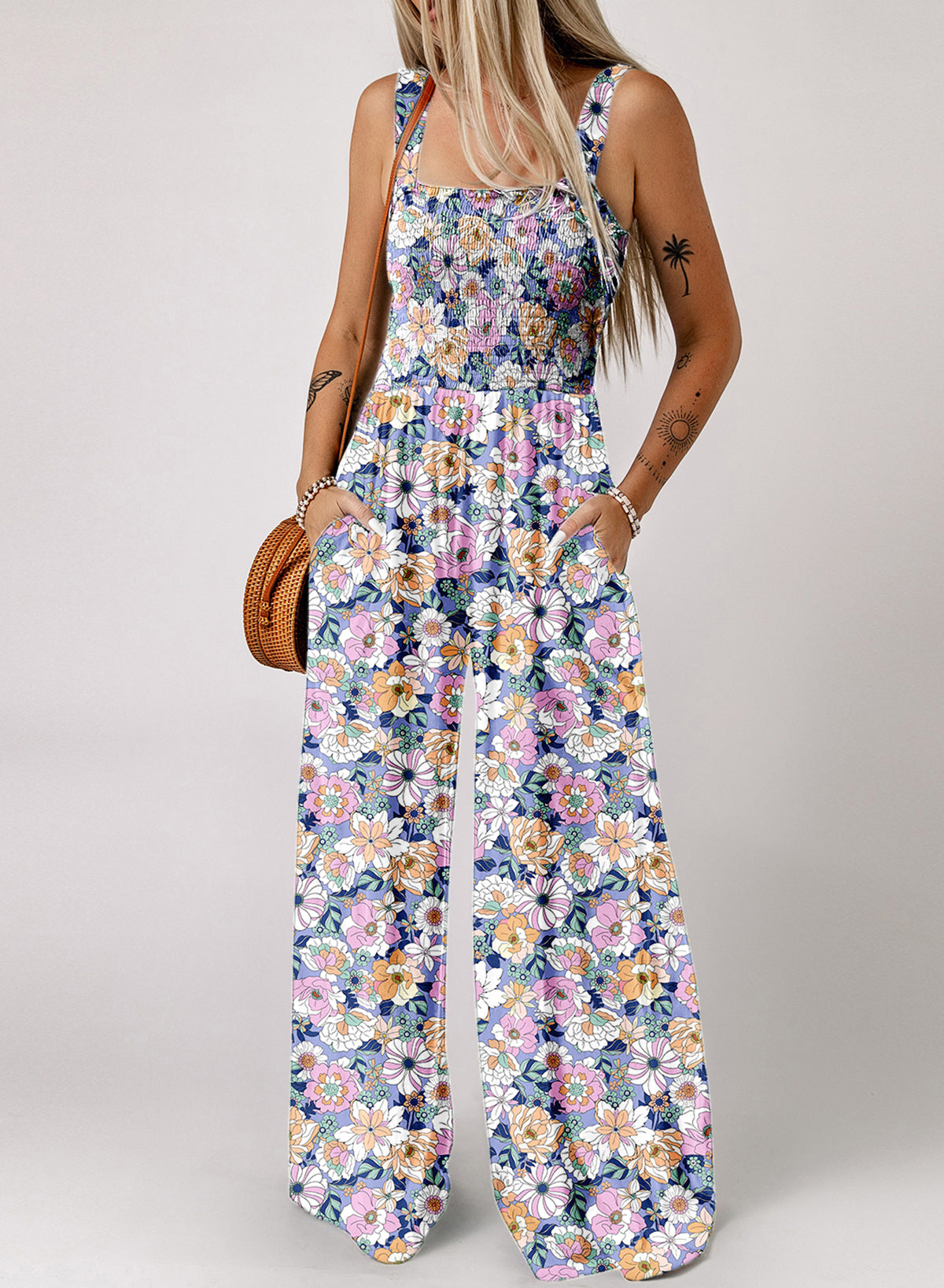 Square Neckline Stretch Waistband Printed Jumpsuit