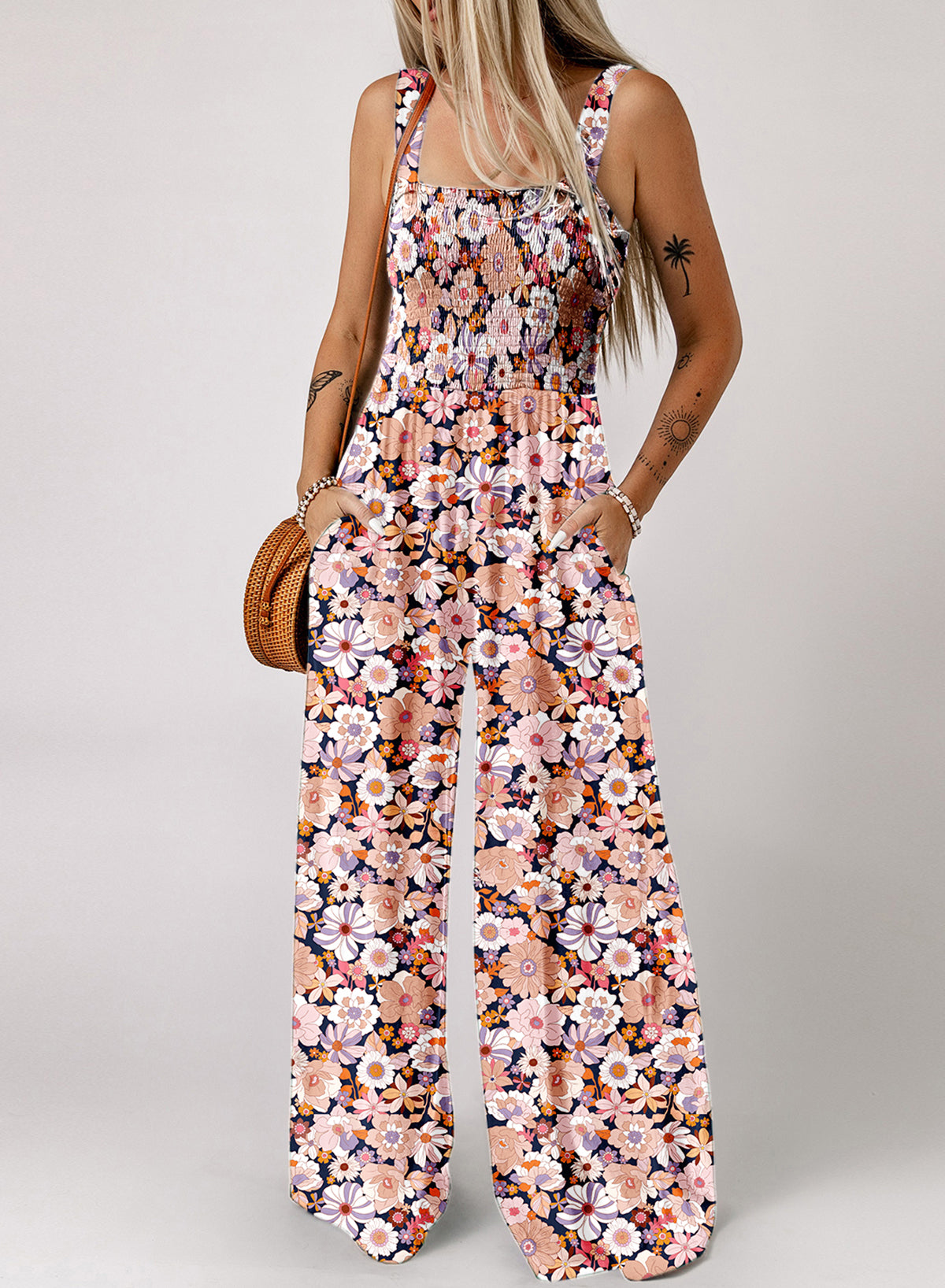 Square Neckline Stretch Waistband Printed Jumpsuit