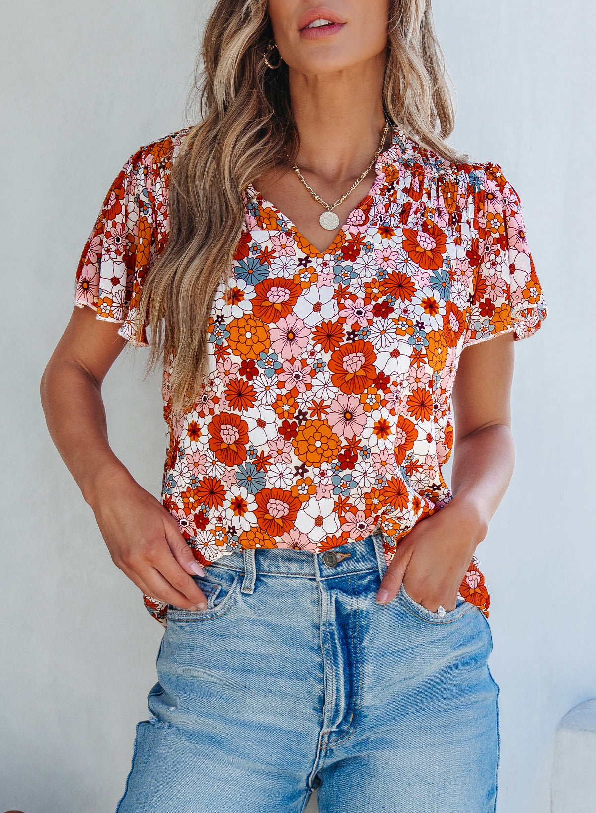 V-Neck Floral Printed Ruffle Short Sleeve Pullover Shirt