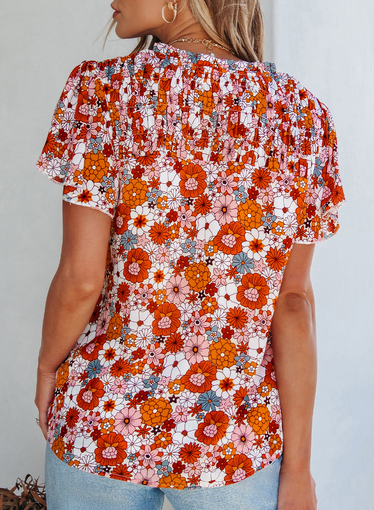 V-Neck Floral Printed Ruffle Short Sleeve Pullover Shirt