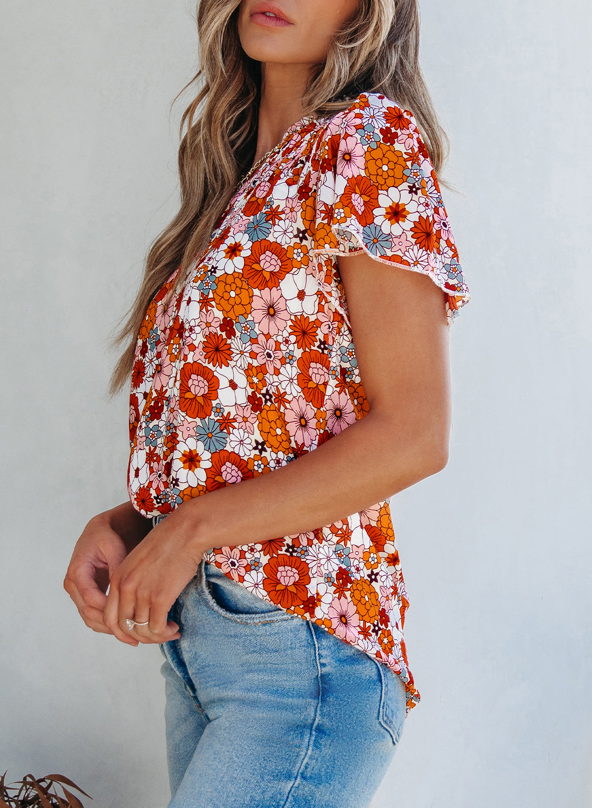 V-Neck Floral Printed Ruffle Short Sleeve Pullover Shirt