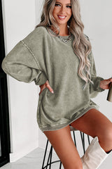 Green Solid Ribbed Knit Round Neck Pullover Sweatshirt