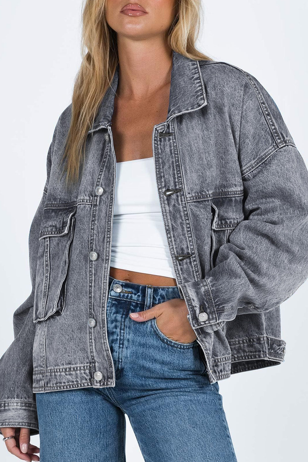 Chest Pockets Drop Shoulder Loose Denim Jacket