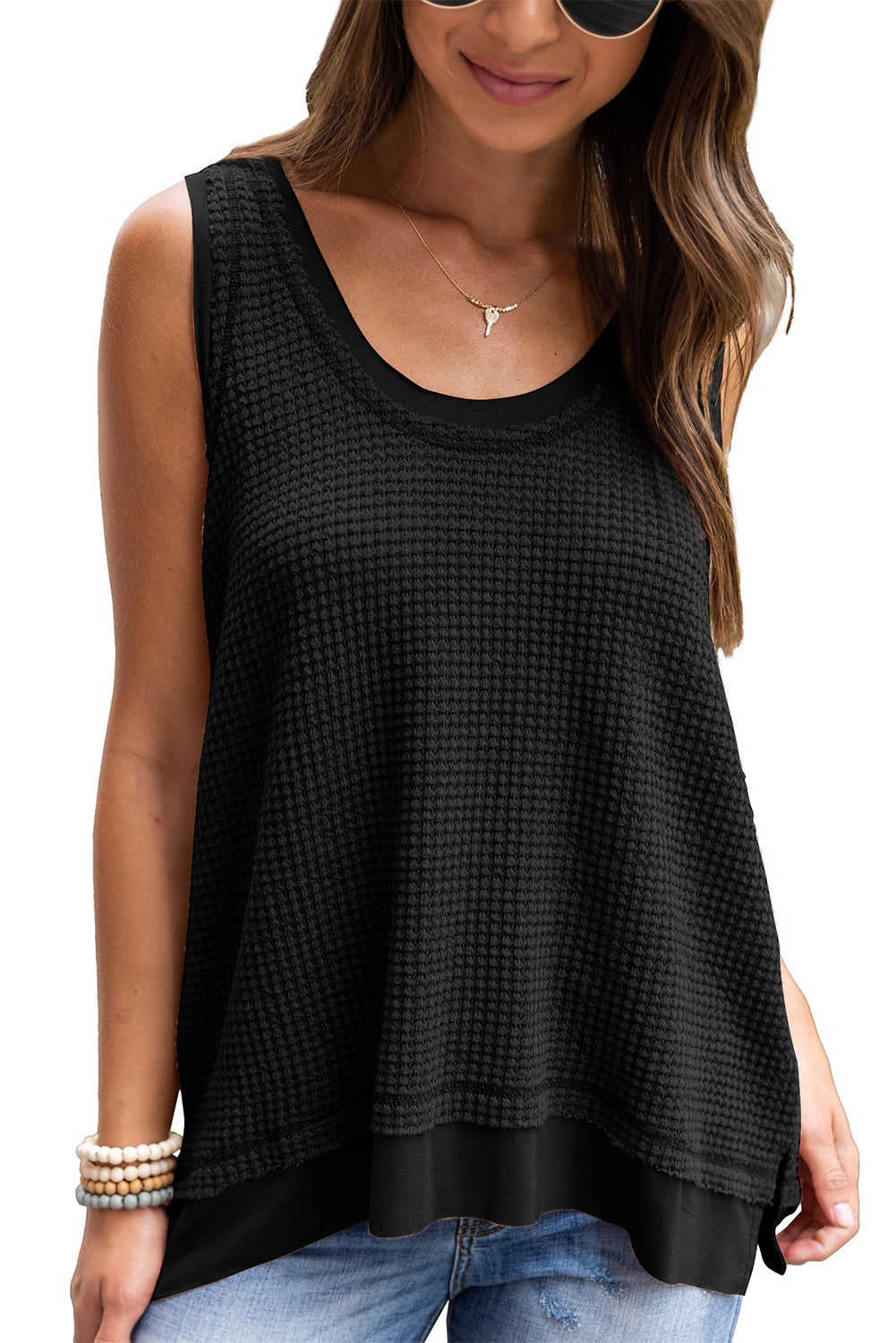 Women's Scoop Neck Waffle Knit Flowy Vest