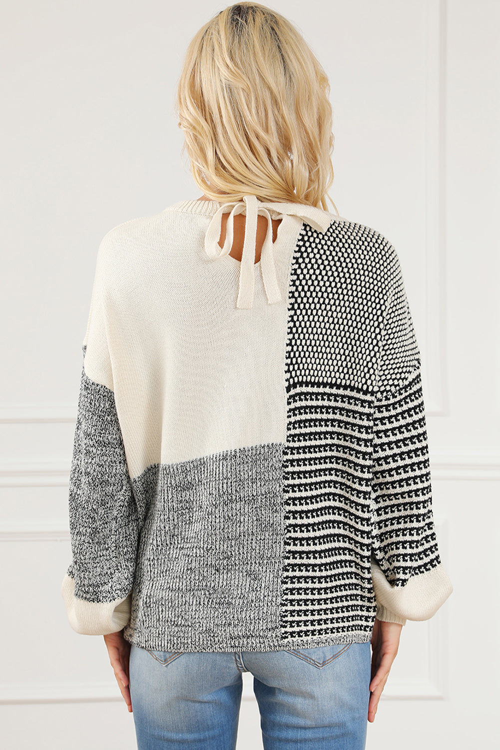 Black Neutral Colorblock Tie Back Sweater