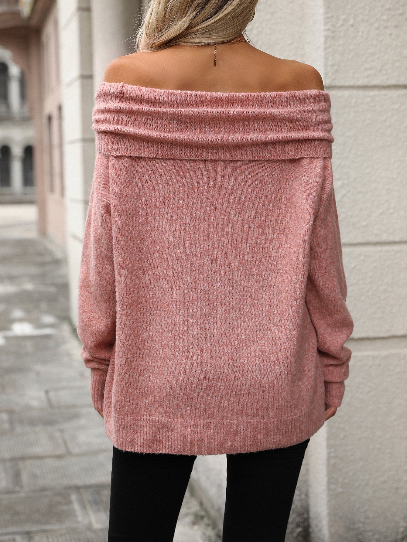 Pile Collar Solid Color Off-the-shoulder Knitted Sweater Long Sleeve