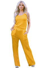 Yellow Crinkled U Neck Tank Top and Wide Leg Pants Set