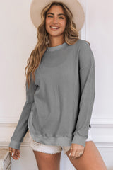 Gray Crew Neck Ribbed Trim Waffle Knit Top