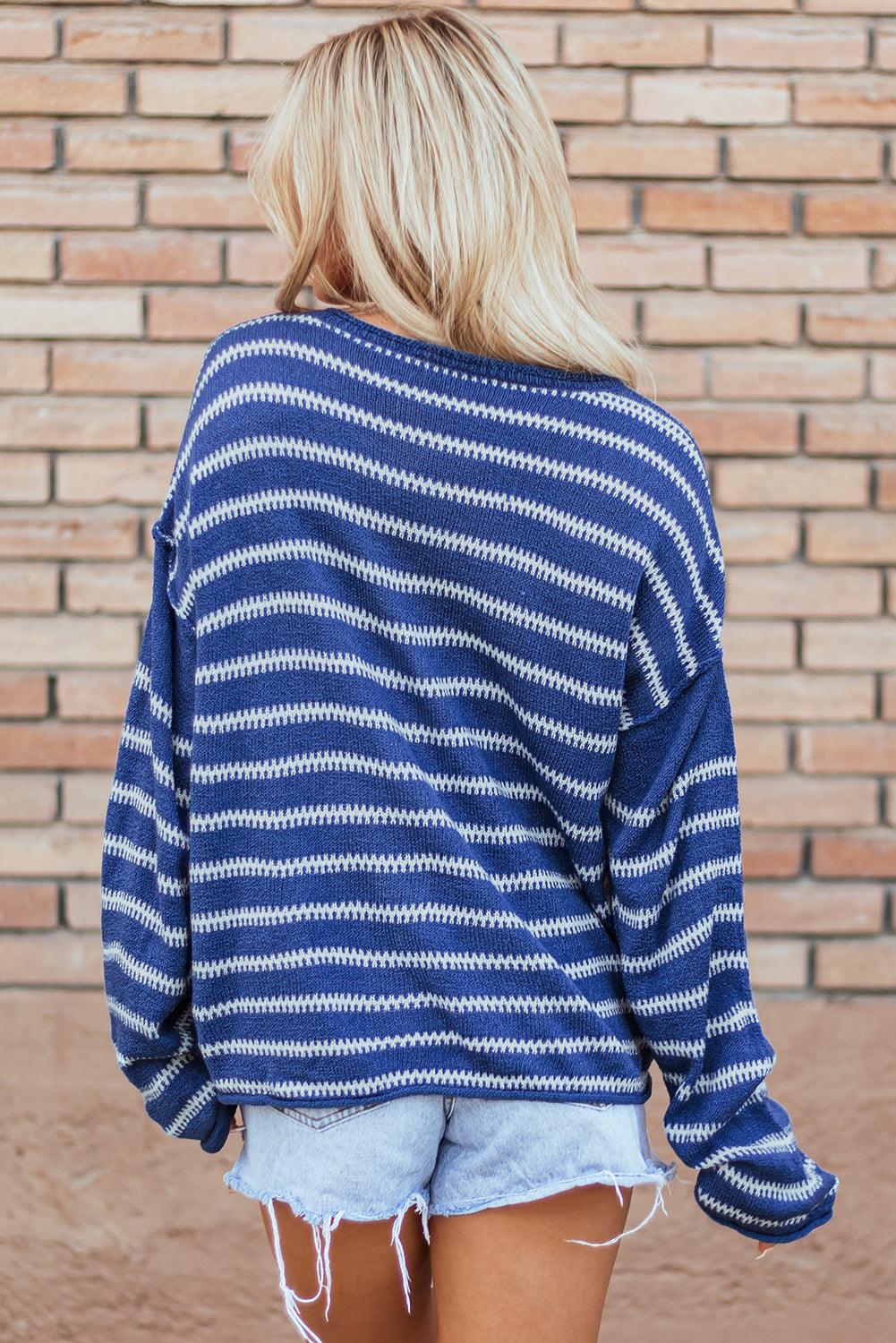 Solid Color Stripe Drop Shoulder Casual Sweater