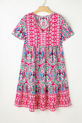 Multicolor Bohemian Print Tie Neck Ruffle Hem Short Dress