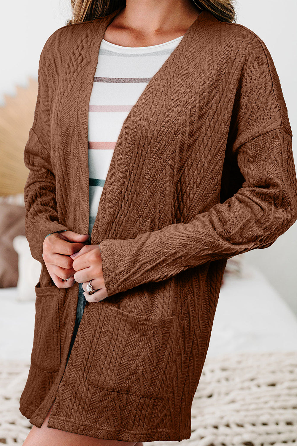 Canton Solid Textured Open Front Cardigan with Pocket