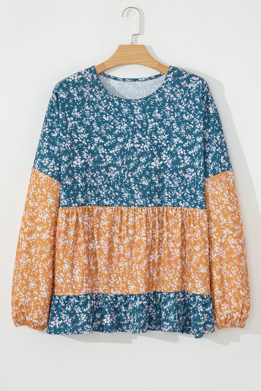 Floral Color Block Ruffled Hem Round Neck Blouse