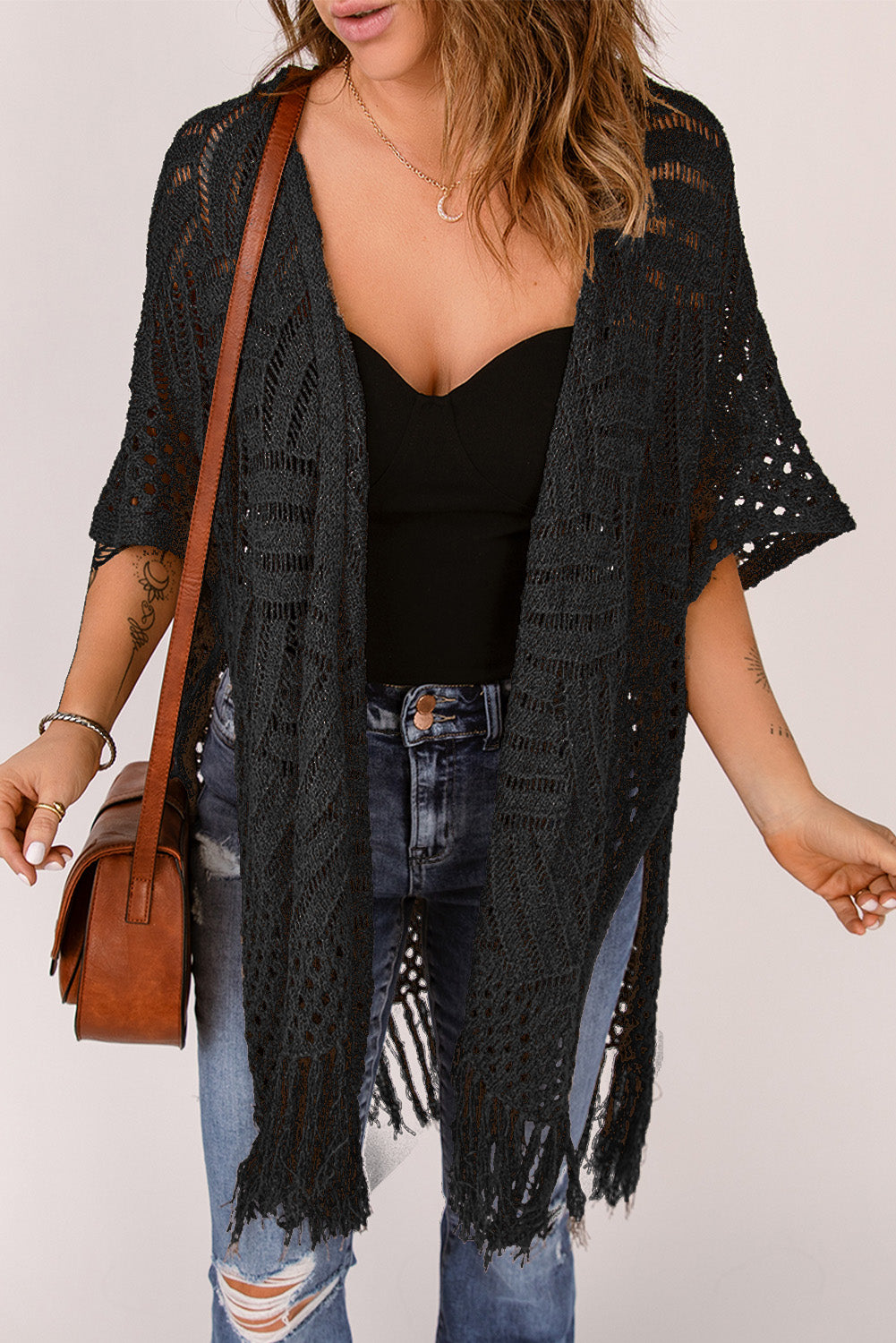 Black Loose Knitwear Kimono with Slits